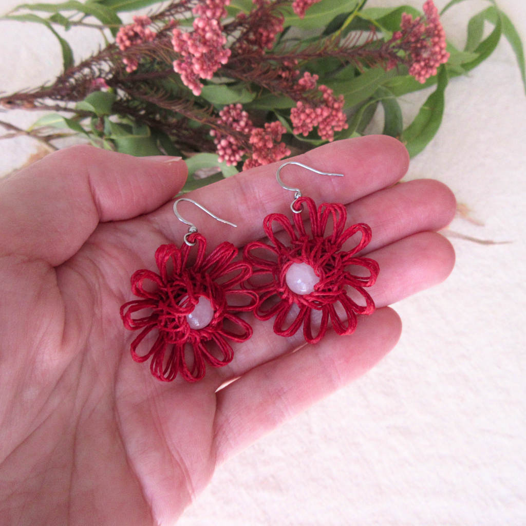 Heart Bloom | Red Handmade Flower Earrings with Choice of Gemstone | Woven Bloom Tales Collection