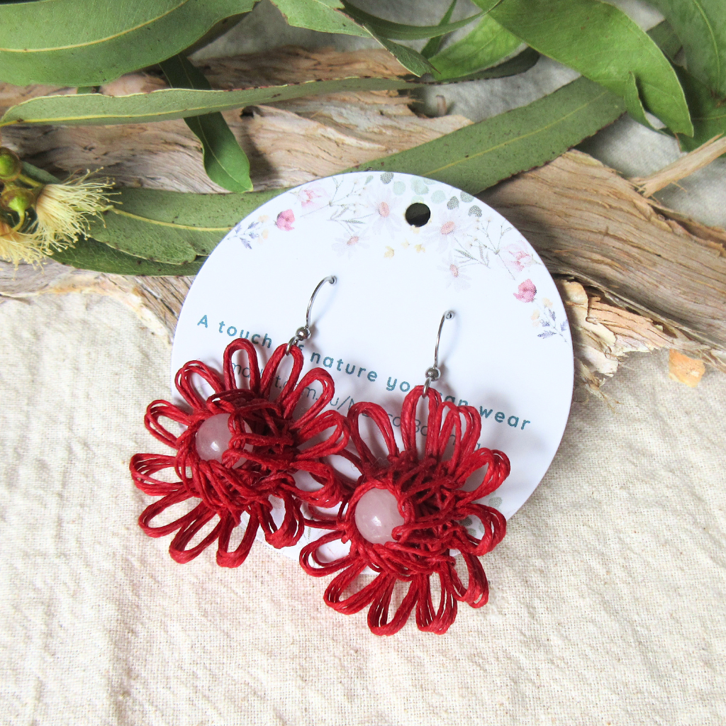 Heart Bloom | Red Handmade Flower Earrings with Choice of Gemstone | Woven Bloom Tales Collection