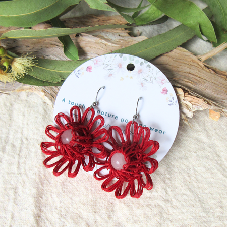 Heart Bloom | Red Handmade Flower Earrings with Choice of Gemstone | Woven Bloom Tales Collection
