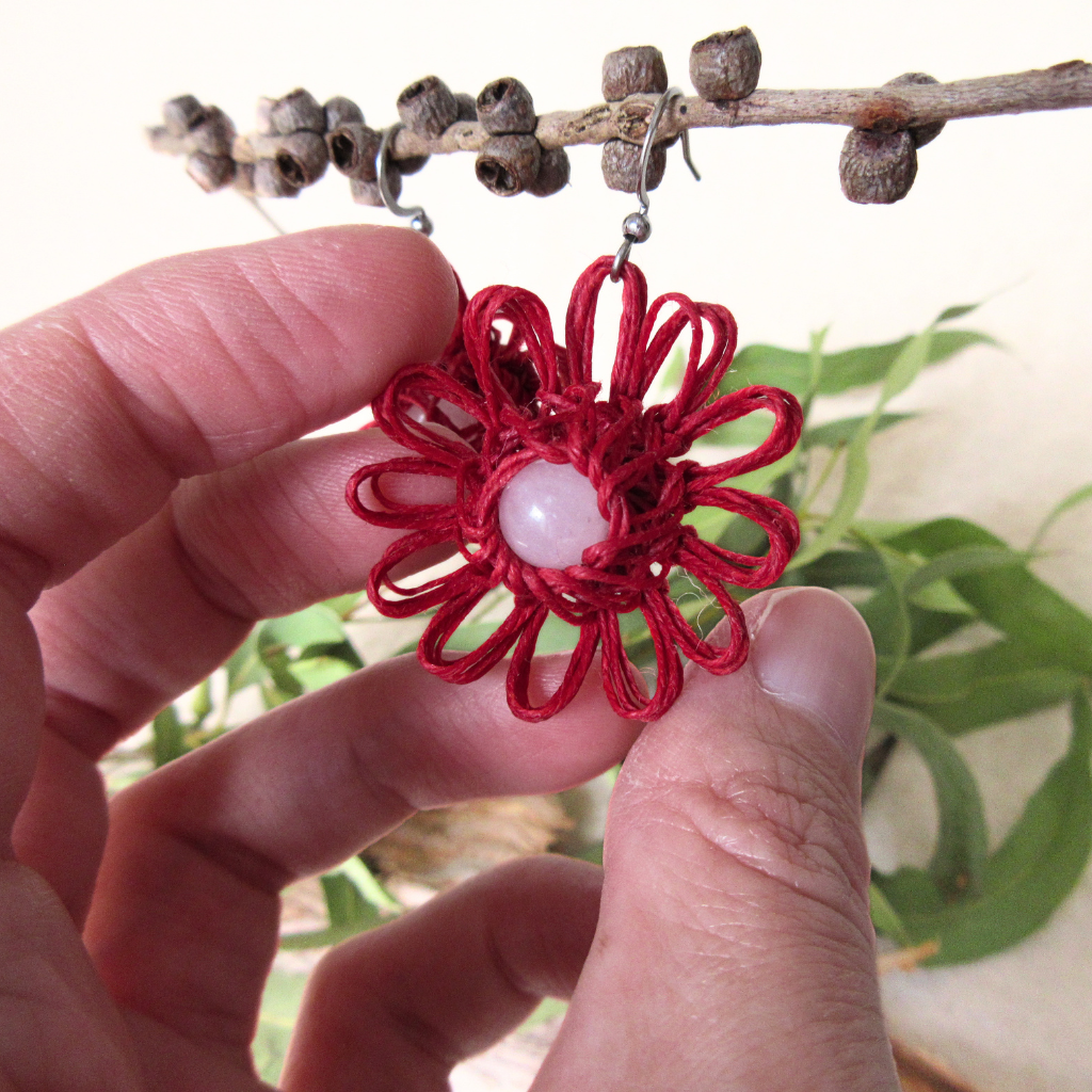 Heart Bloom | Red Handmade Flower Earrings with Choice of Gemstone | Woven Bloom Tales Collection