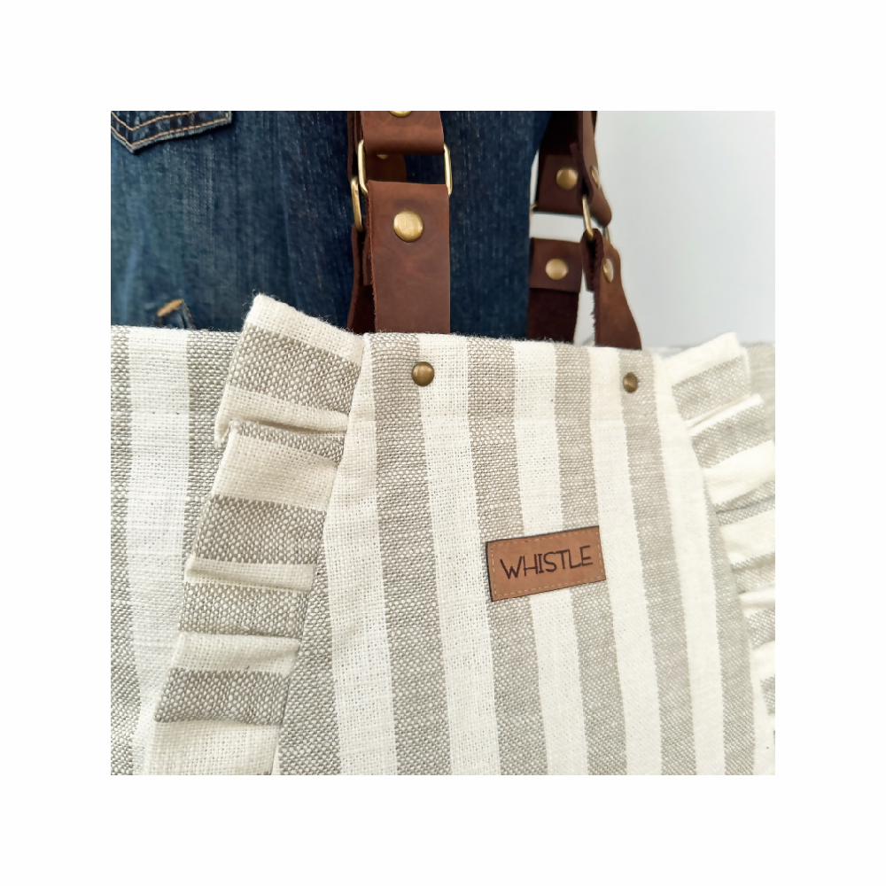 Linen Frill Tote Bag - Beige Stripes