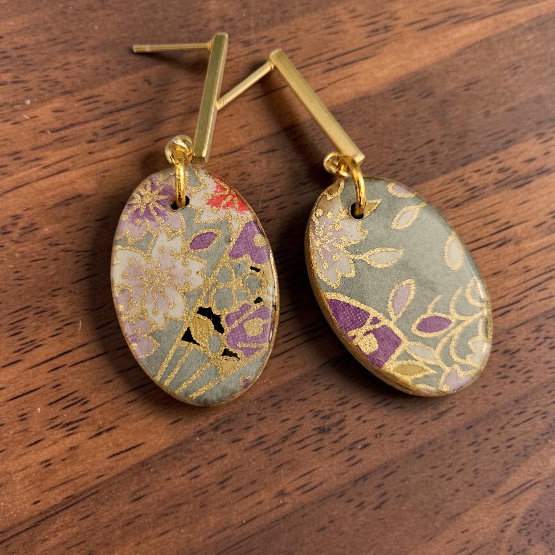 Unique Japanese Chiyogami Paper Earrings - Grey Blue Purple Floral Print