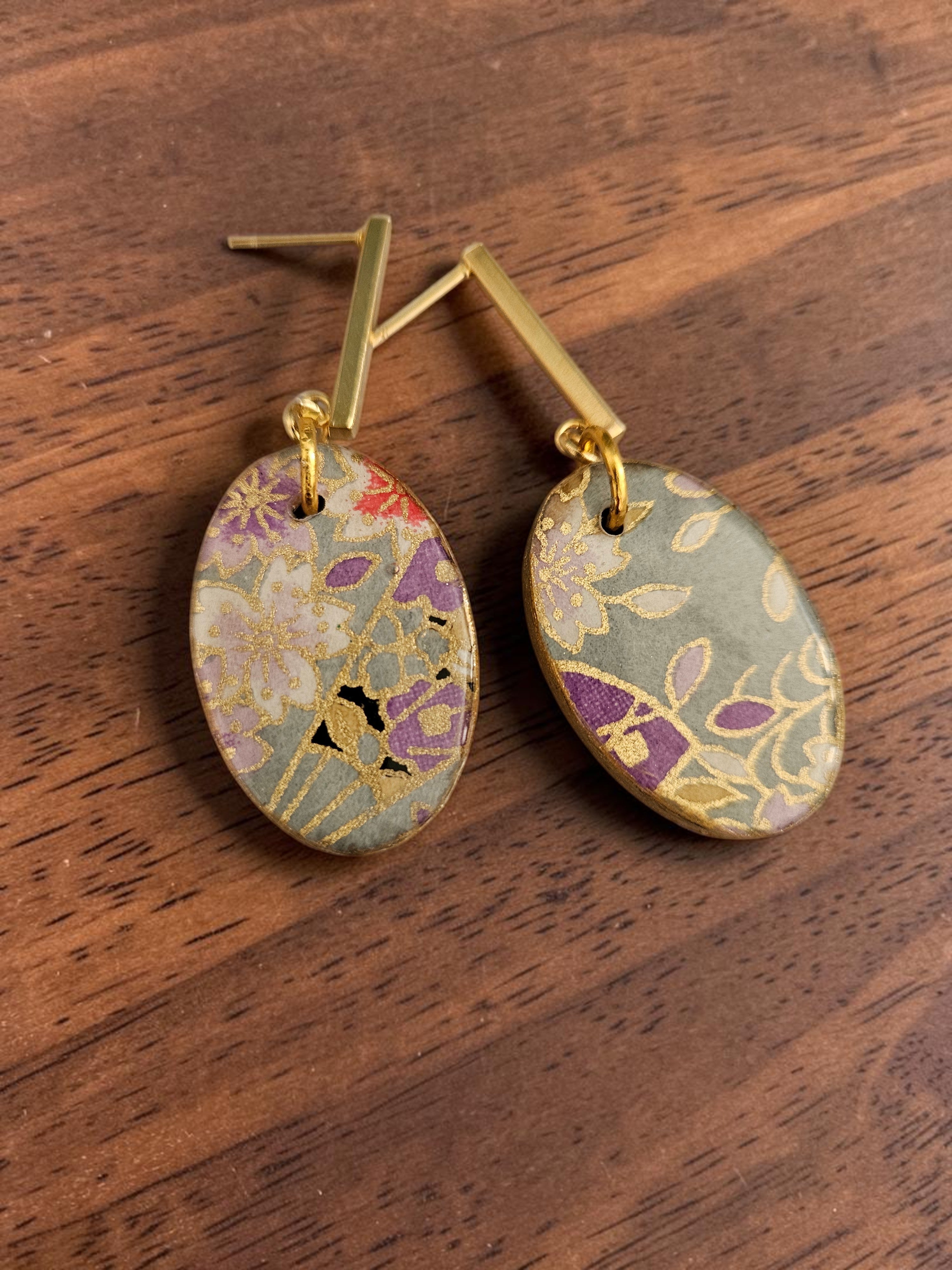 Unique Japanese Chiyogami Paper Earrings - Grey Blue Purple Floral Print