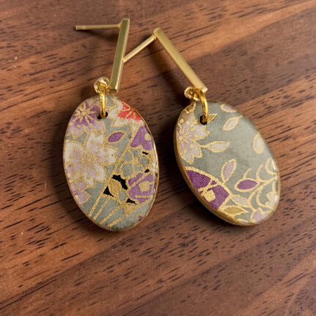 Unique Japanese Chiyogami Paper Earrings - Grey Blue Purple Floral Print