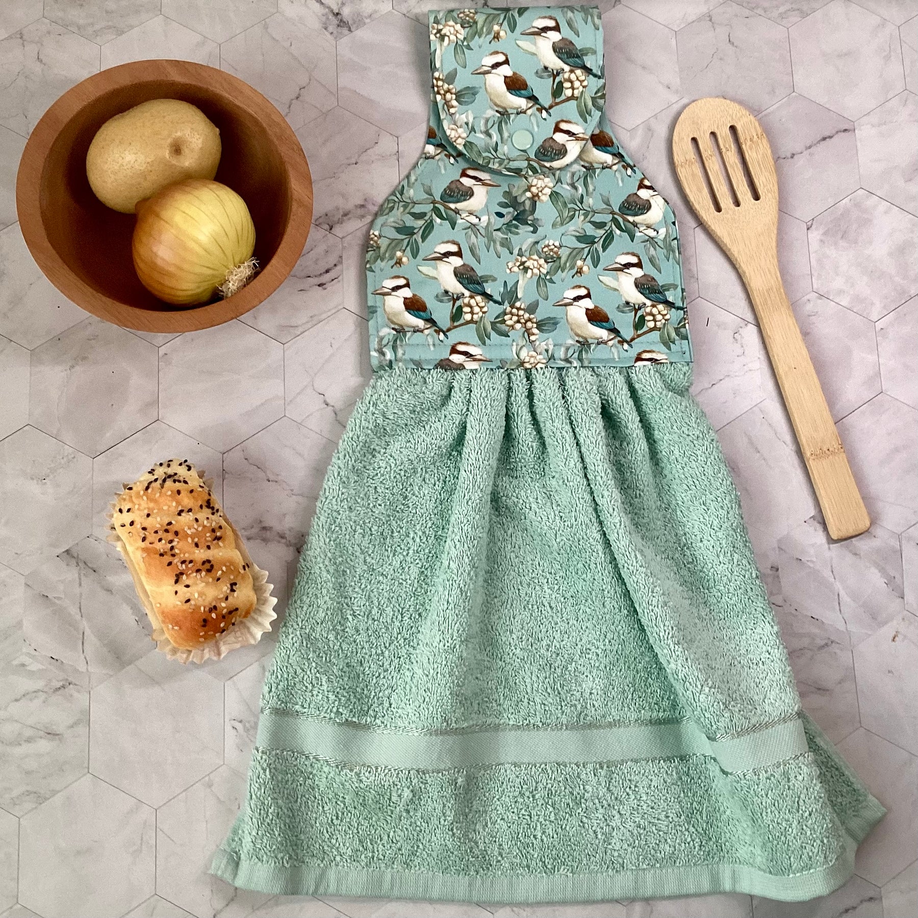 Kookaburras (sage green) hanging hand towel.