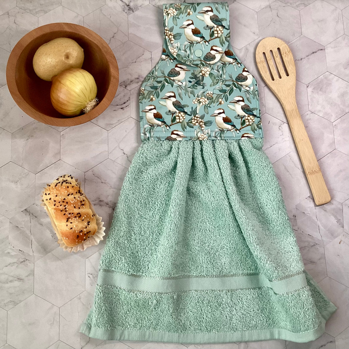 Kookaburras (sage green) hanging hand towel.