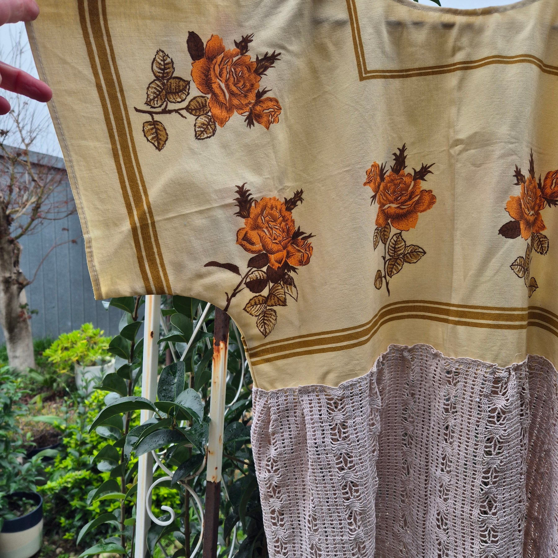 Upcycled Vintage Tablecloth top. Bronze and yellow plus crochet