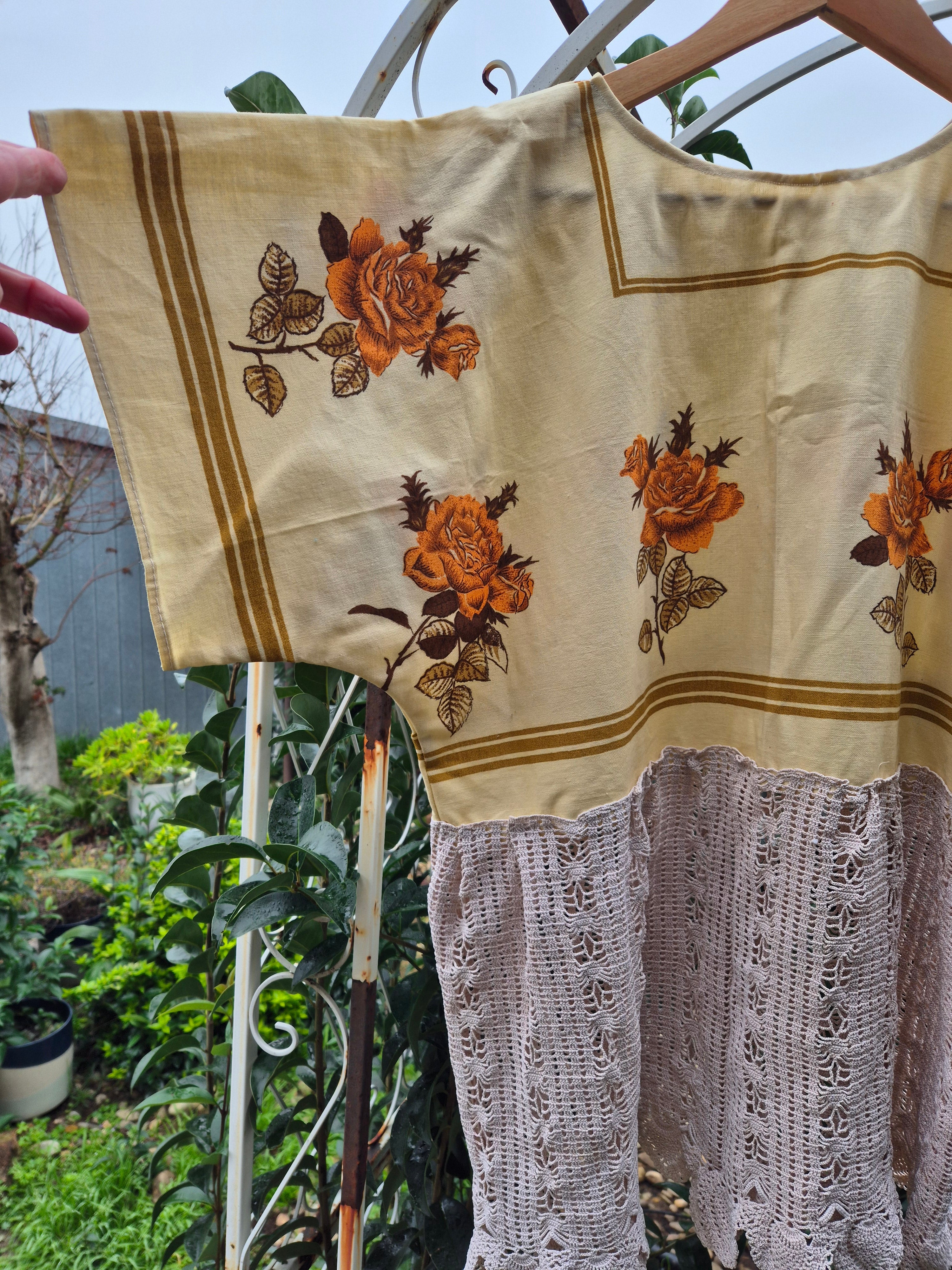 Upcycled Vintage Tablecloth top. Bronze and yellow plus crochet