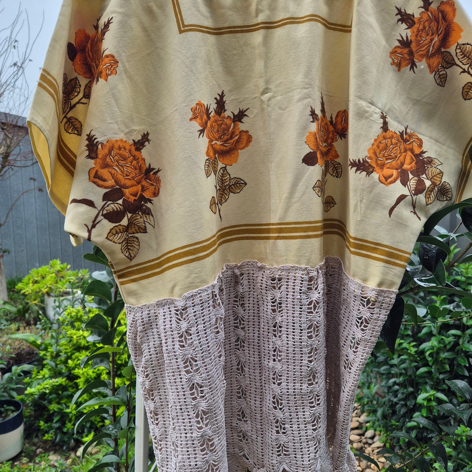 Upcycled Vintage Tablecloth top. Bronze and yellow plus crochet