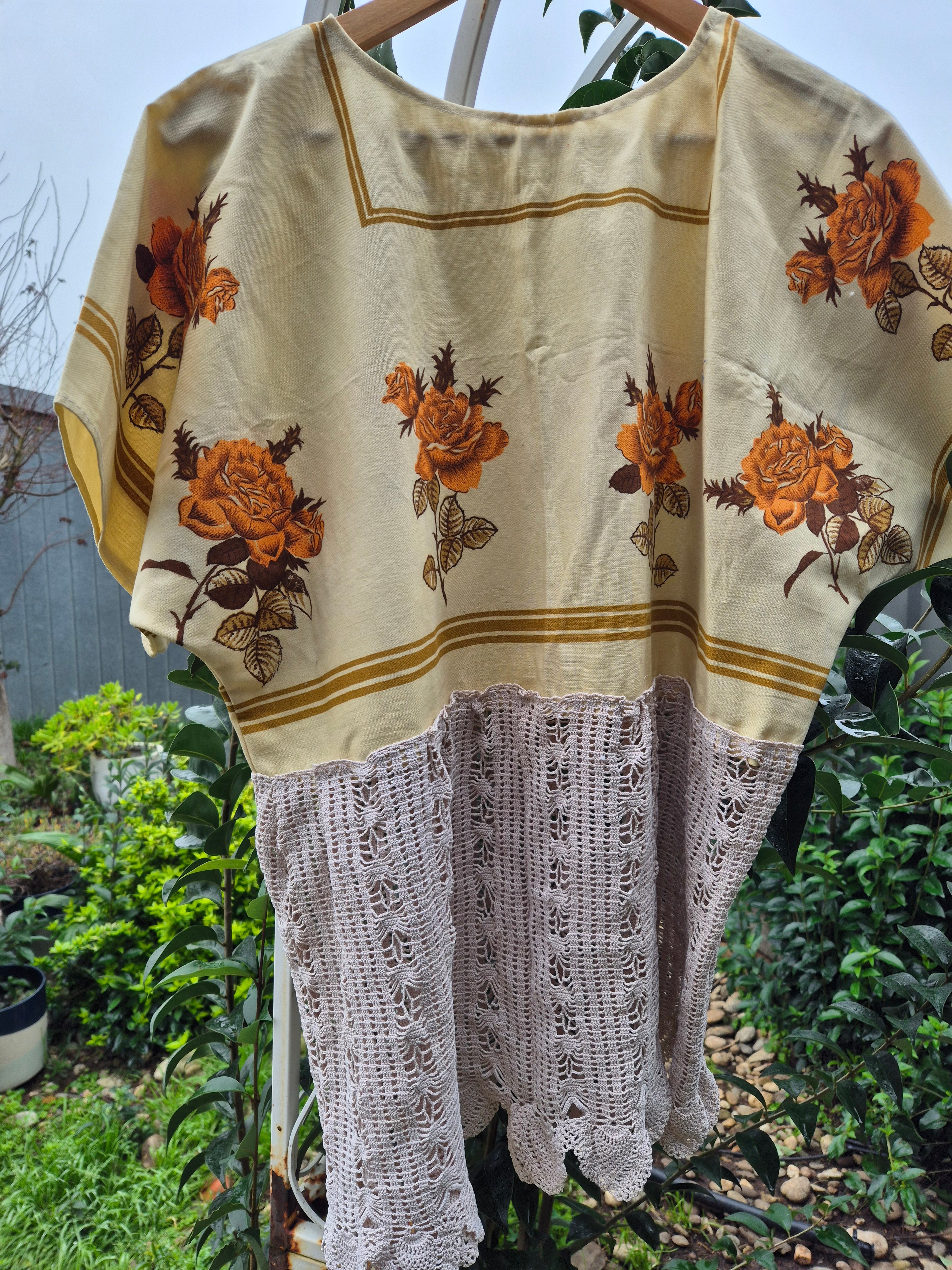 Upcycled Vintage Tablecloth top. Bronze and yellow plus crochet