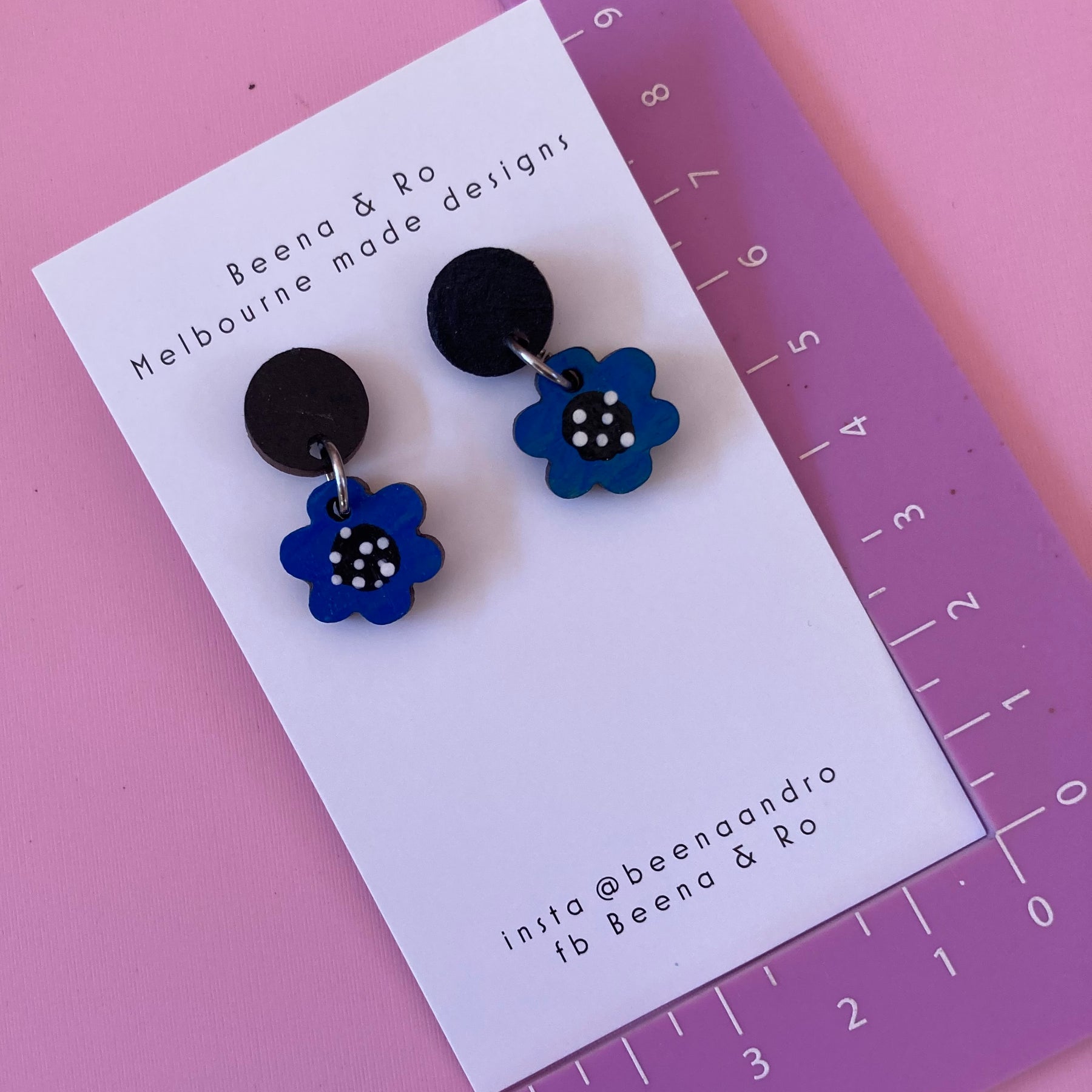 Blue hand painted flower earrings