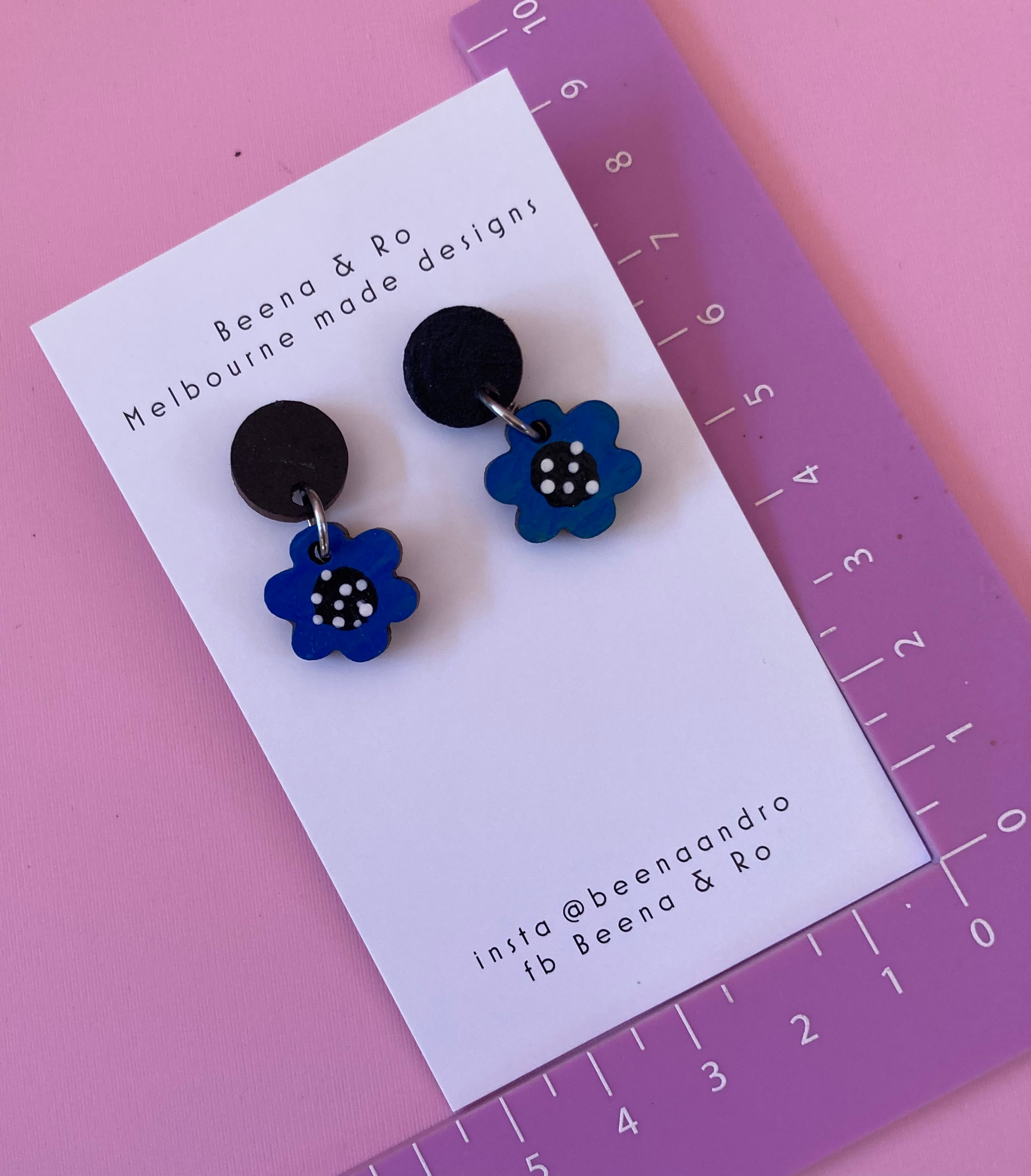 Blue hand painted flower earrings