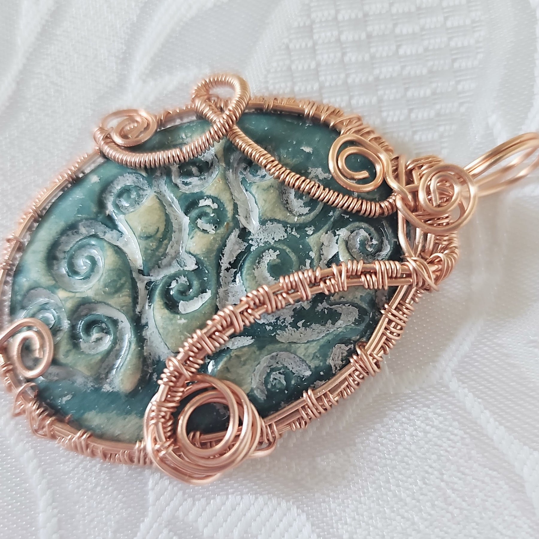 Handmade Ceramic Pendant Wrapped Rose Gold Colour Wire