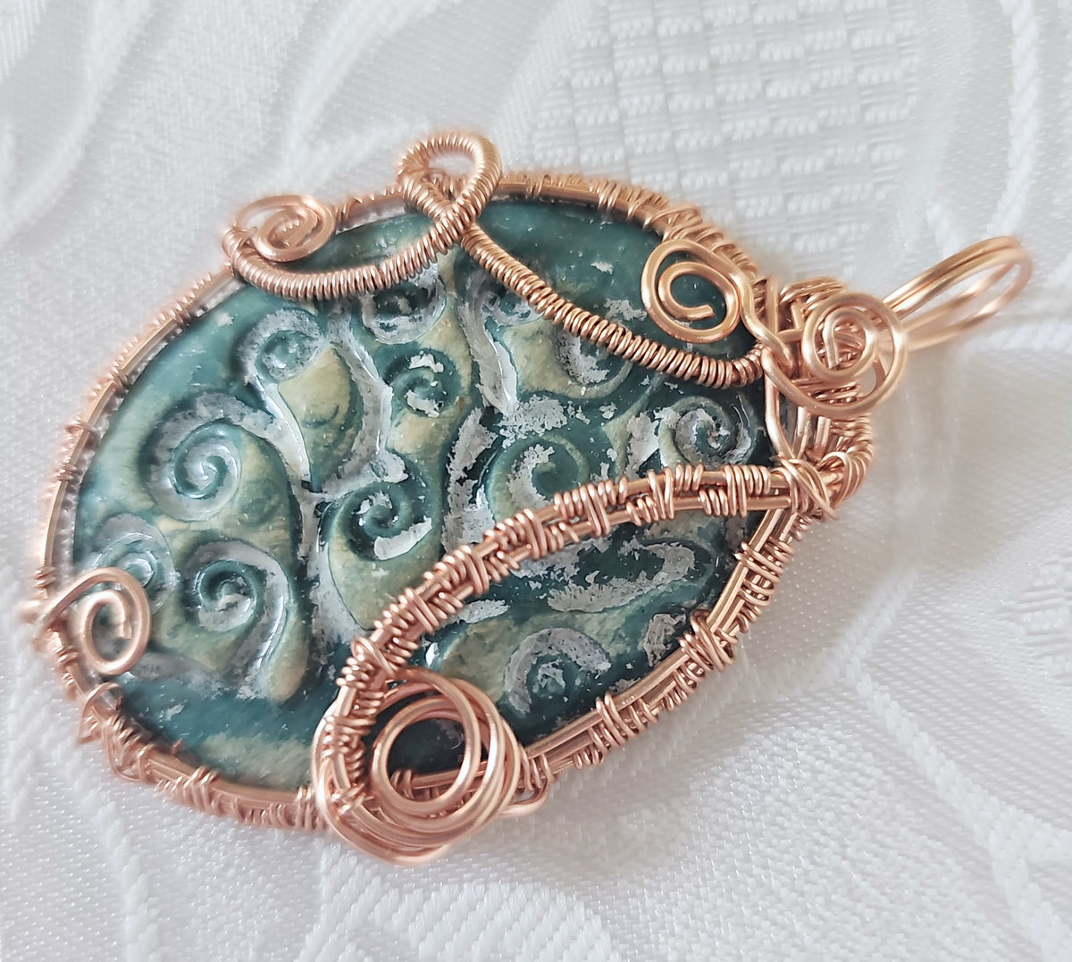 Handmade Ceramic Pendant Wrapped Rose Gold Colour Wire