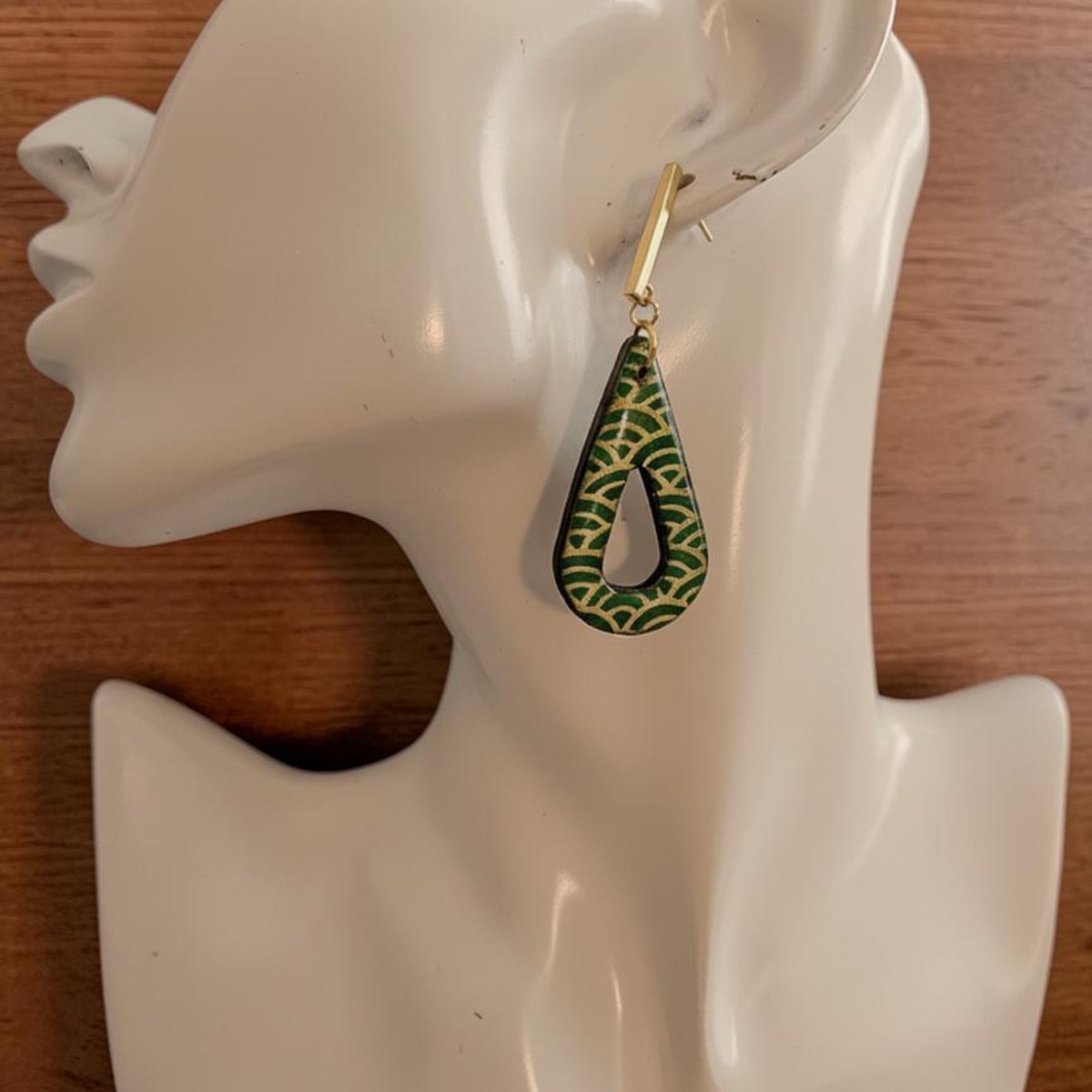 Unique Japanese Chiyogami Paper Earrings - Emerald Gold Print