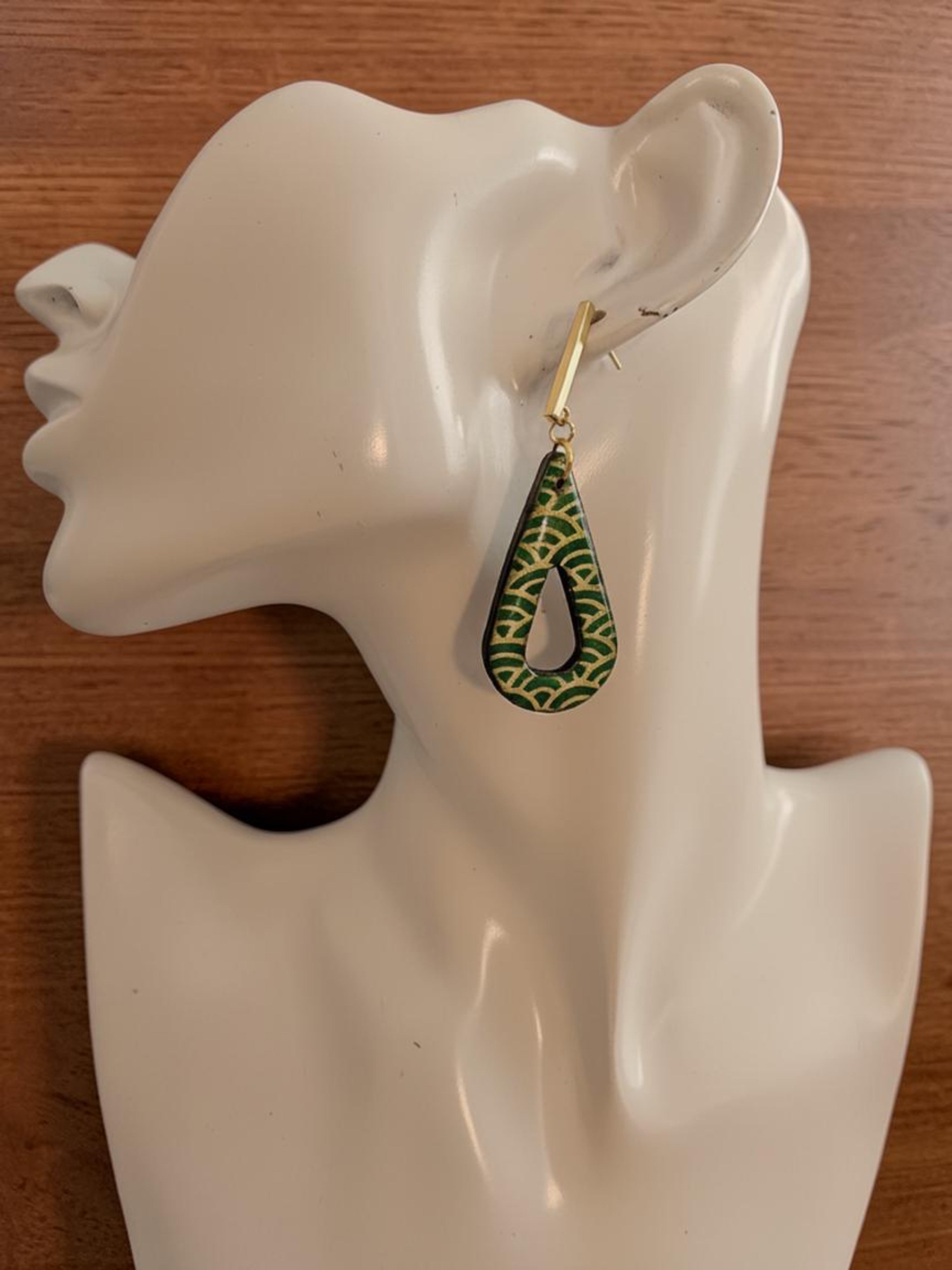 Unique Japanese Chiyogami Paper Earrings - Emerald Gold Print