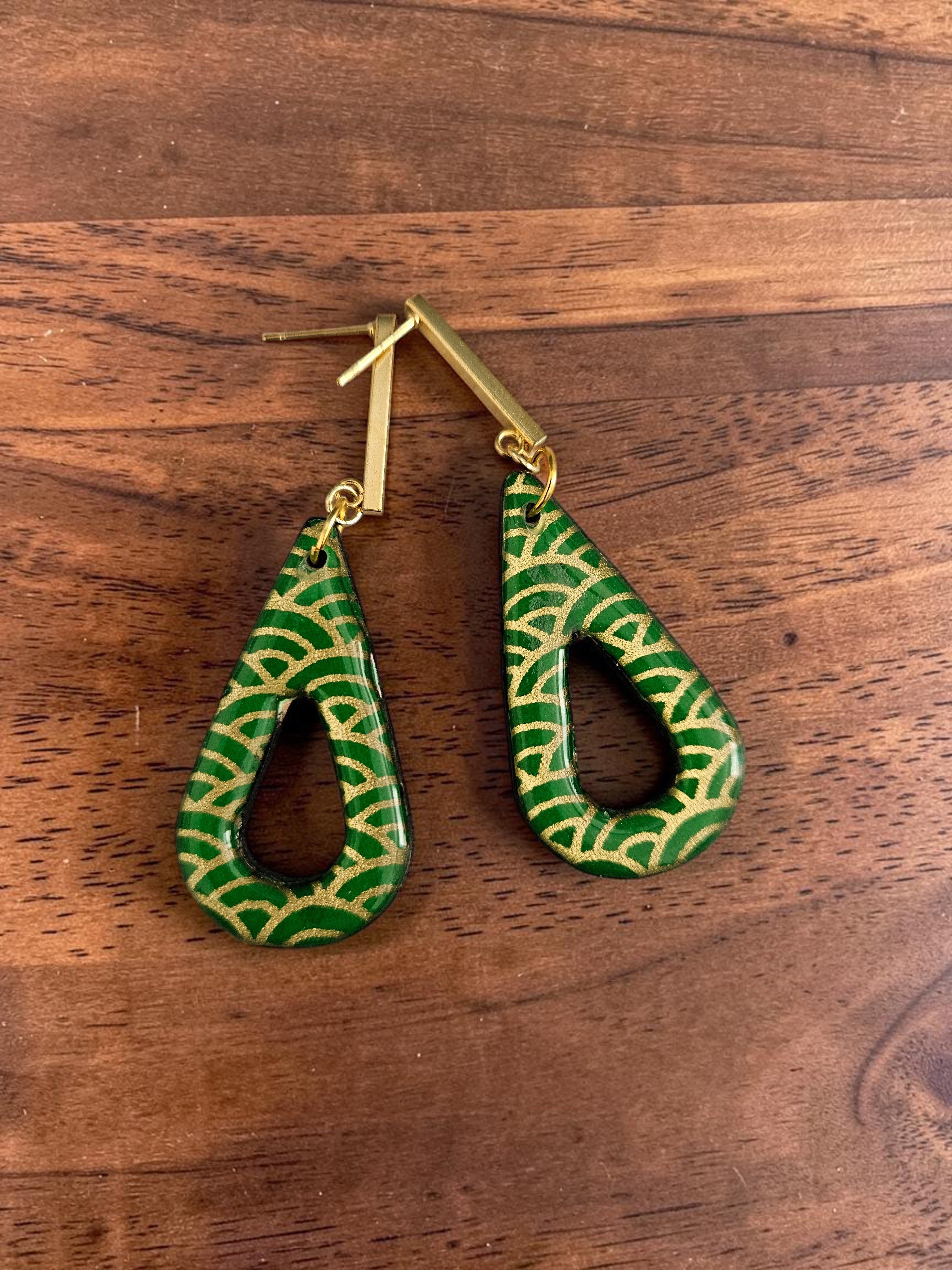 Unique Japanese Chiyogami Paper Earrings - Emerald Gold Print