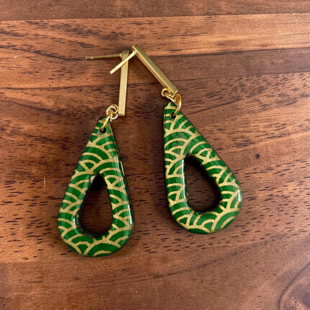 Unique Japanese Chiyogami Paper Earrings - Emerald Gold Print