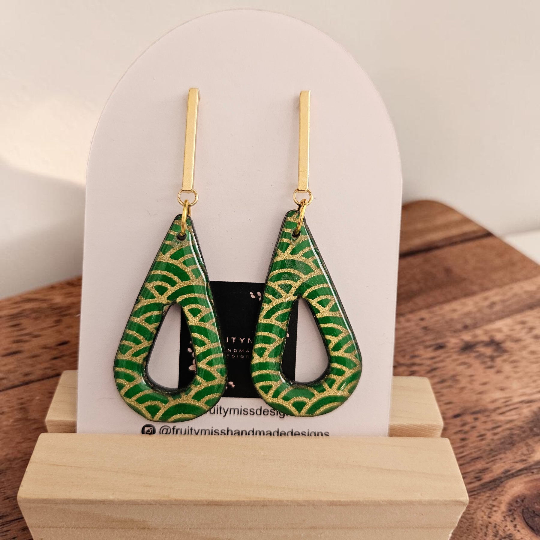 Unique Japanese Chiyogami Paper Earrings - Emerald Gold Print