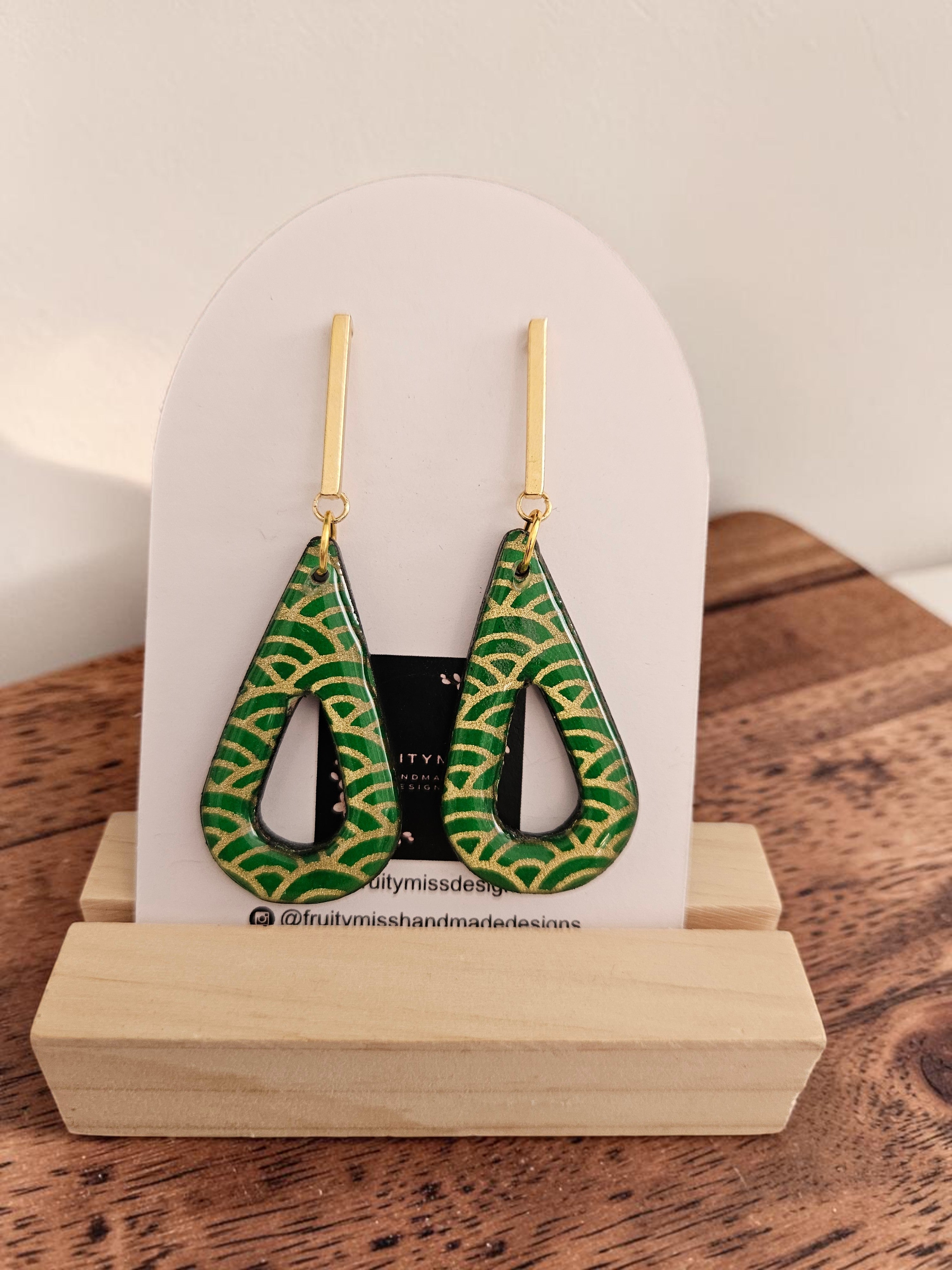 Unique Japanese Chiyogami Paper Earrings - Emerald Gold Print