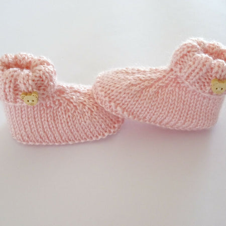 Pink knit baby girl booties with teddy buttons size 3-6 months