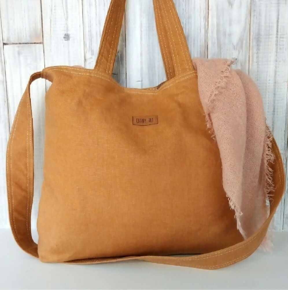 Cinnamon Linen shoulder bag - Divided pockets, gingham lining, magnetic closure