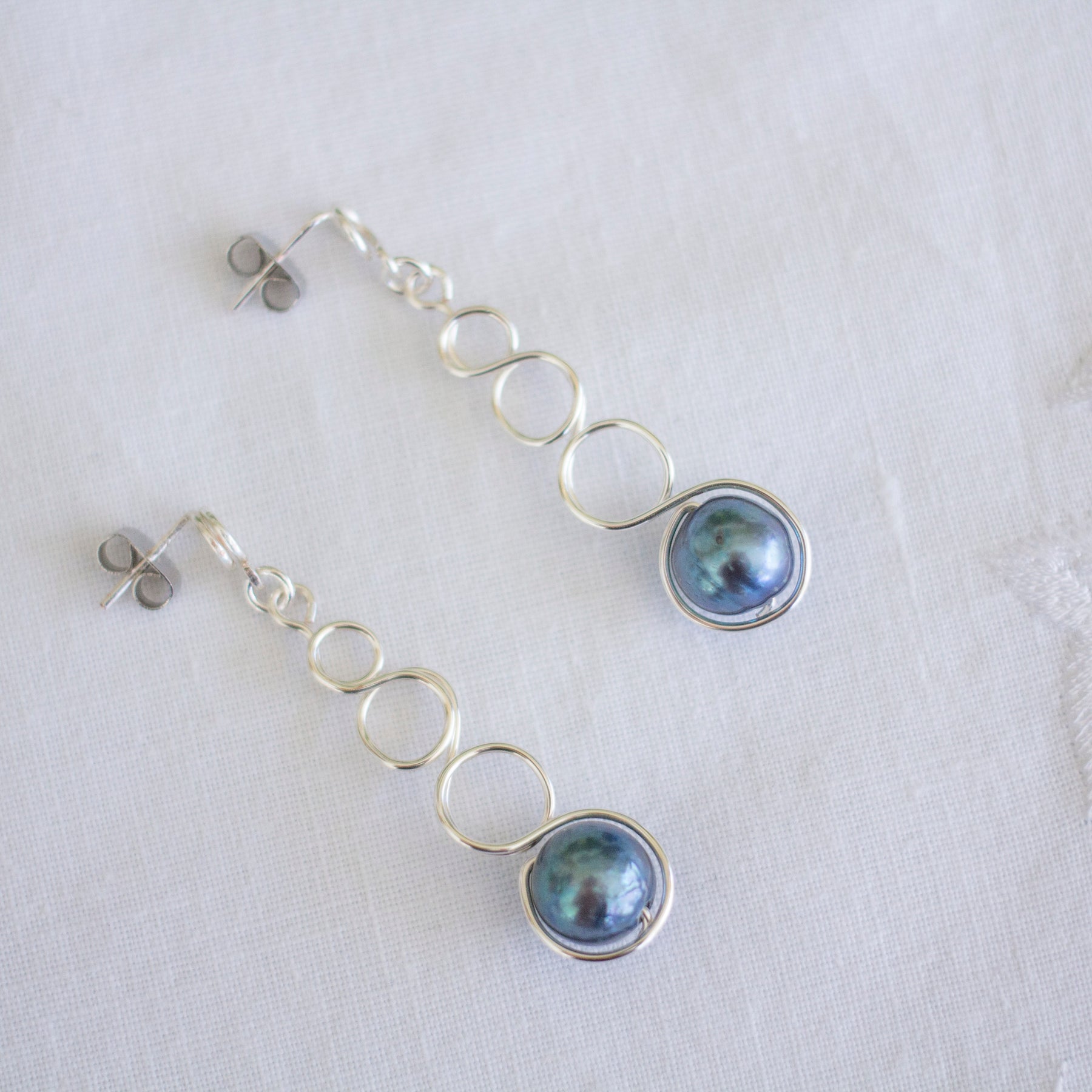 Tahitian Pearl Silver Loop Dangle Earrings | Wedding Jewellery