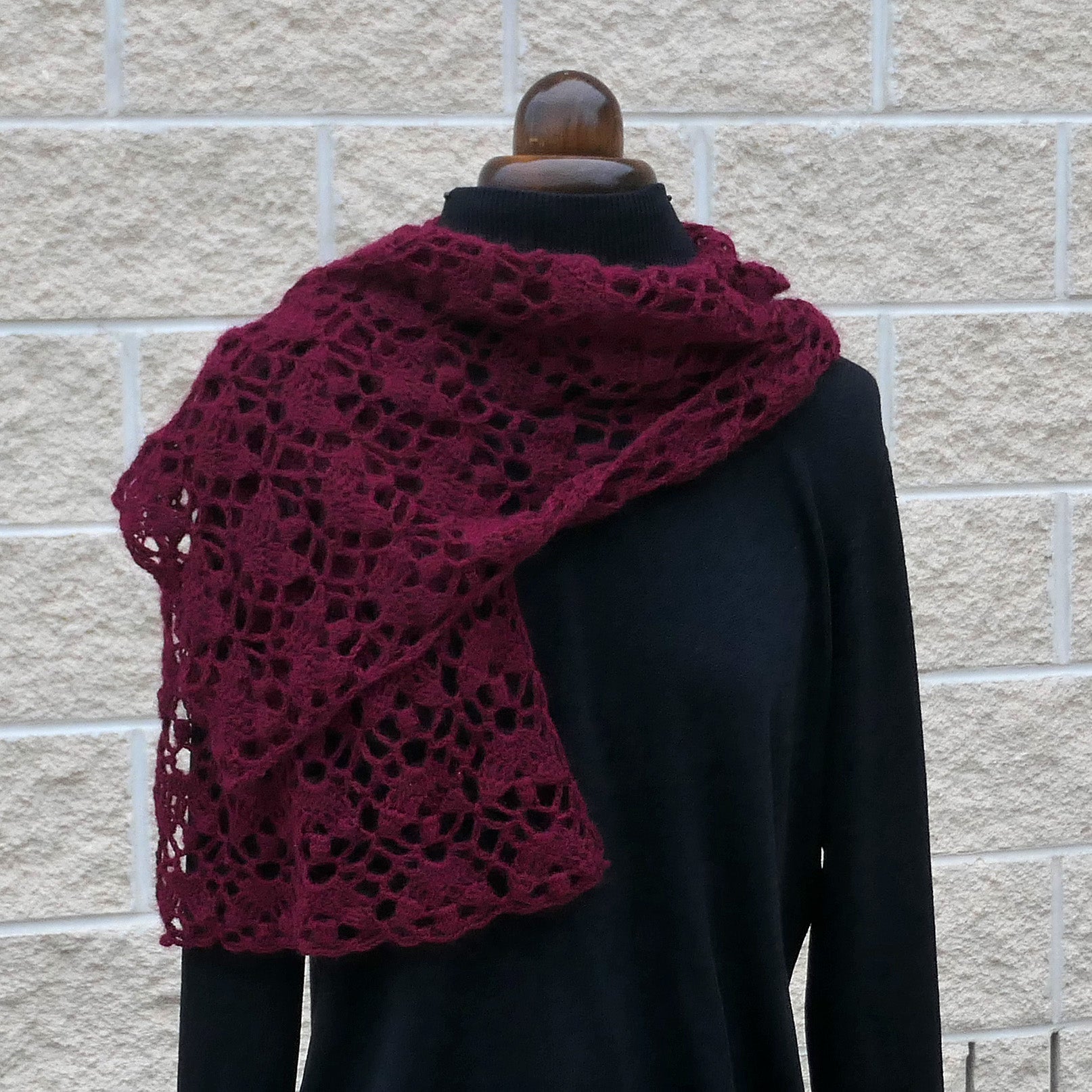 Scarf, crocheted, deep burgundy, wool, mohair.  Free shipping.