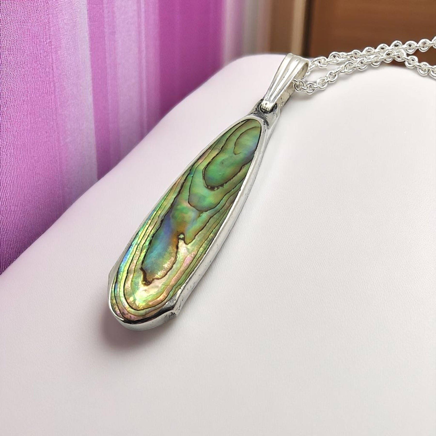 Sterling Silver & Green Paua Shell Spoon Handle Necklace