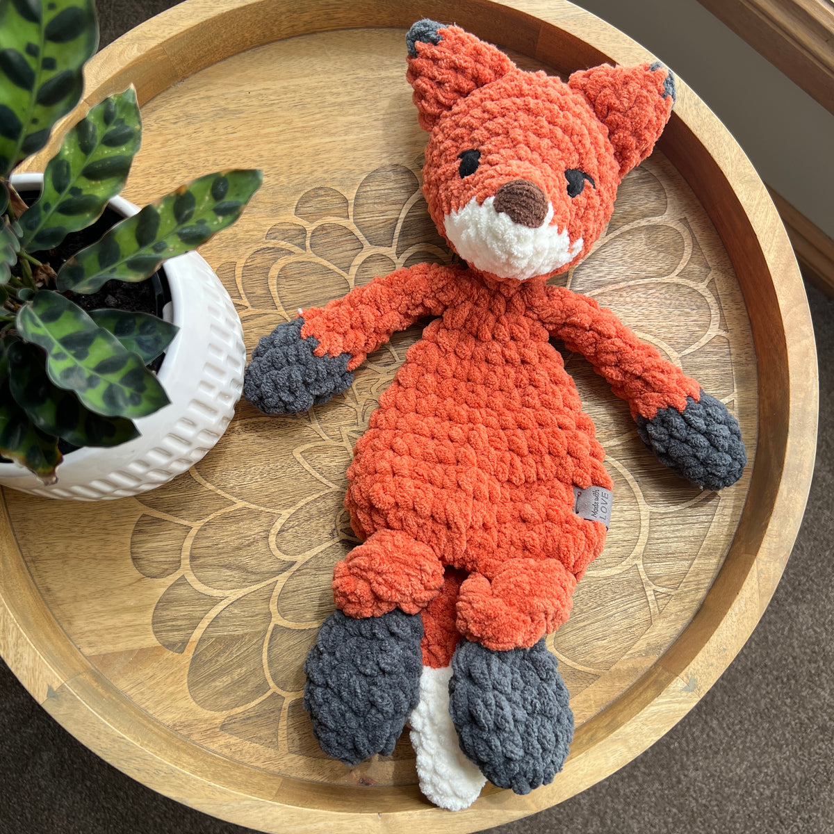 Handmade modern crochet toy Fox lovey snuggler plushie.