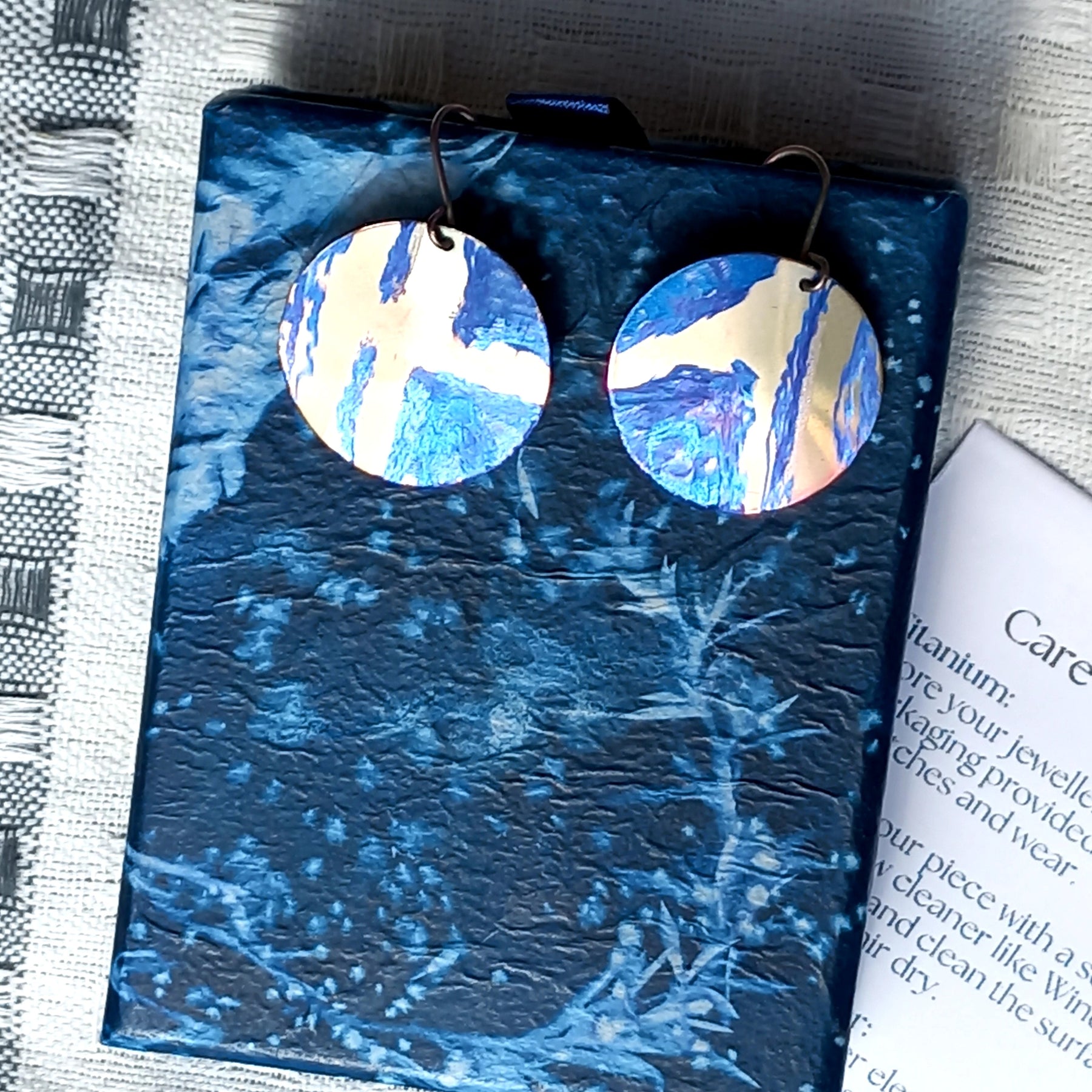 Blue and Gold Titanium Disc Earrings Lightweight and Hypoallergenic
