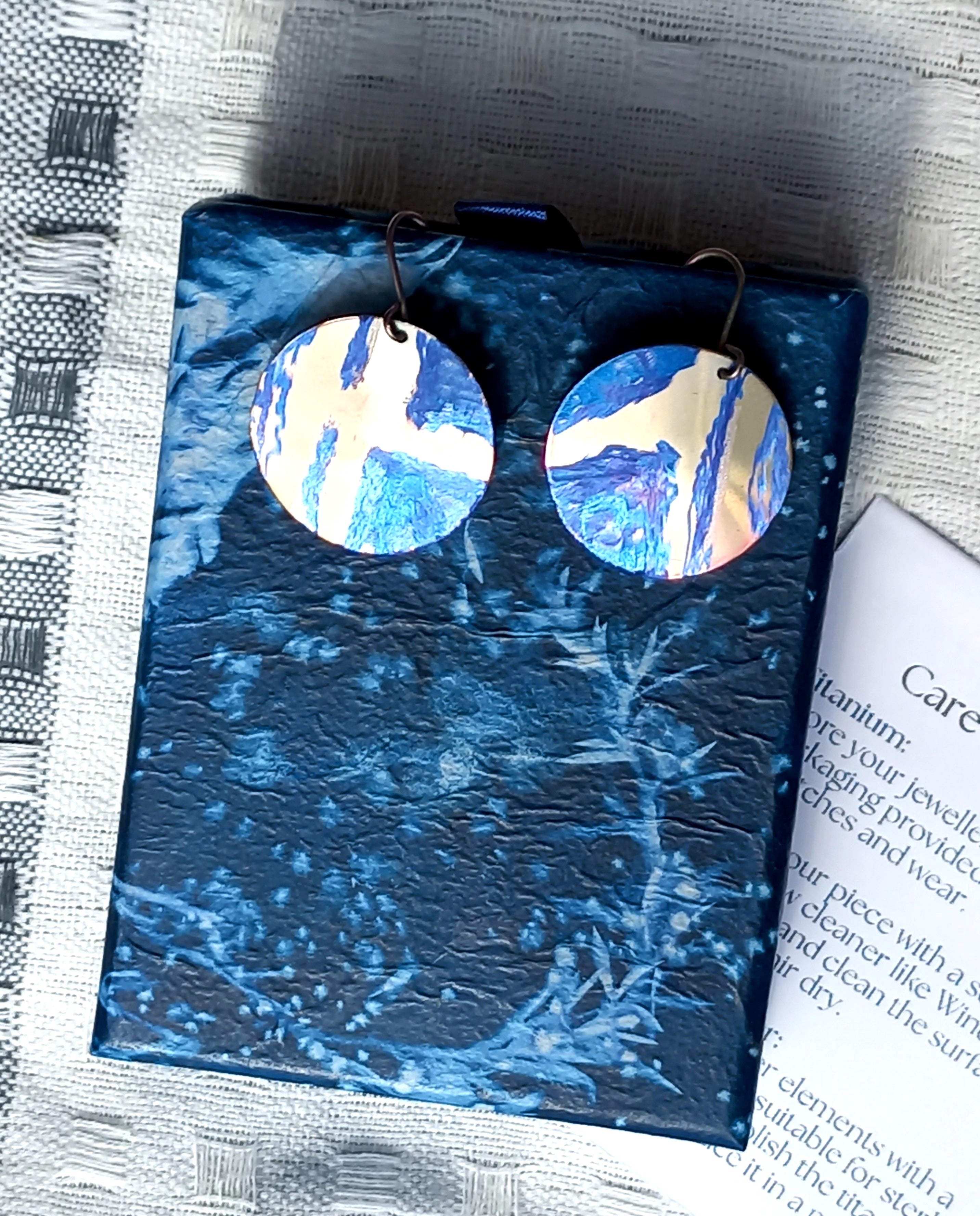 Blue and Gold Titanium Disc Earrings Lightweight and Hypoallergenic