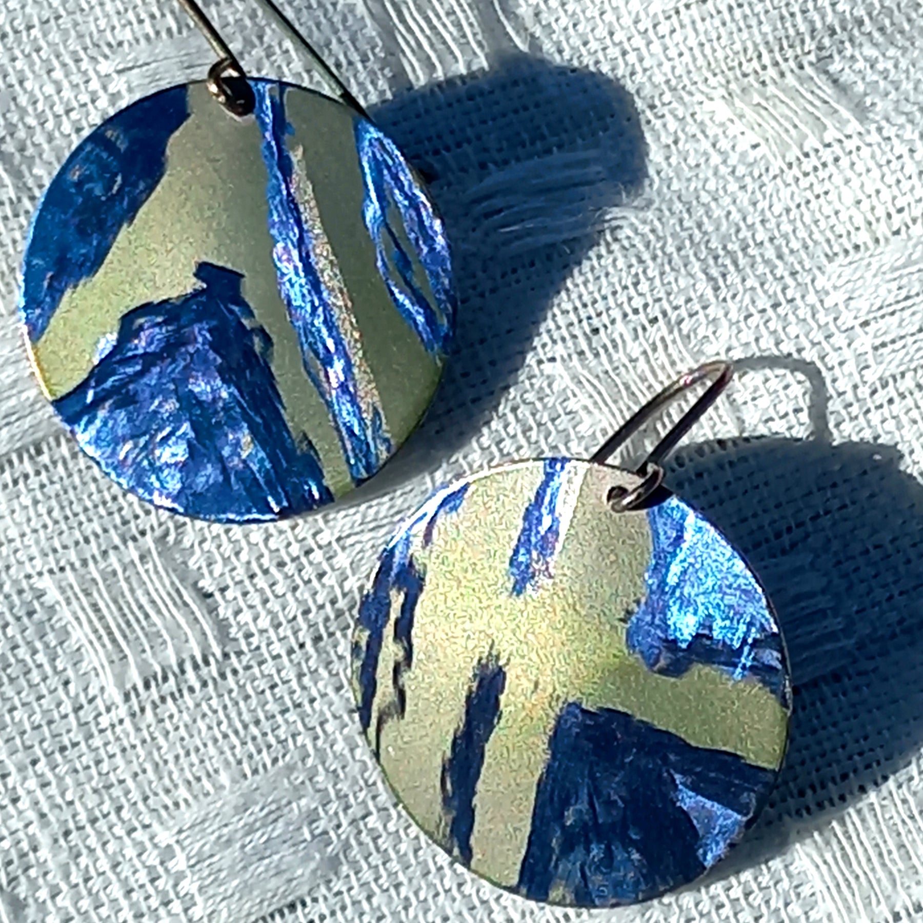 Blue and Gold Titanium Disc Earrings Lightweight and Hypoallergenic