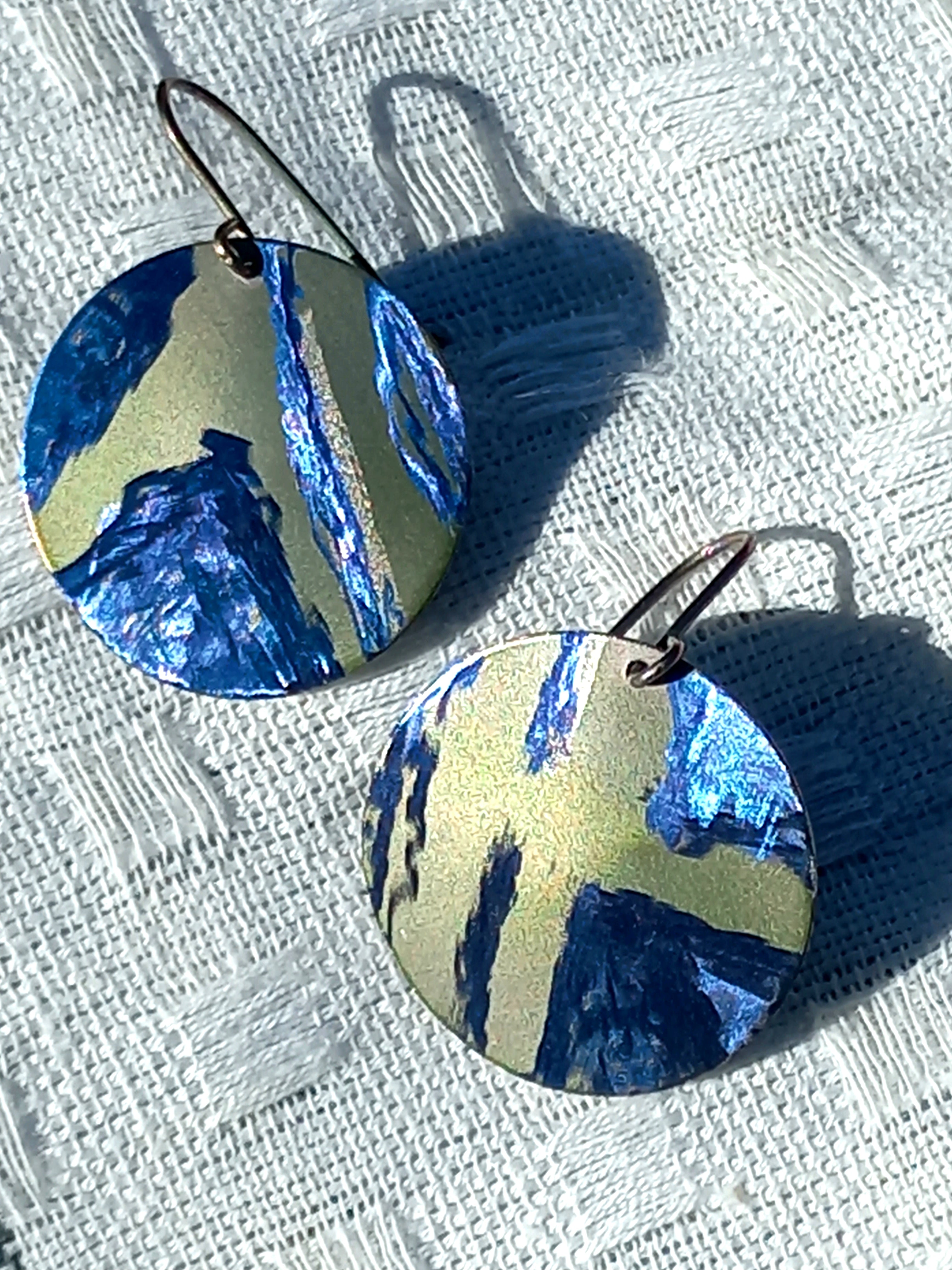 Blue and Gold Titanium Disc Earrings Lightweight and Hypoallergenic