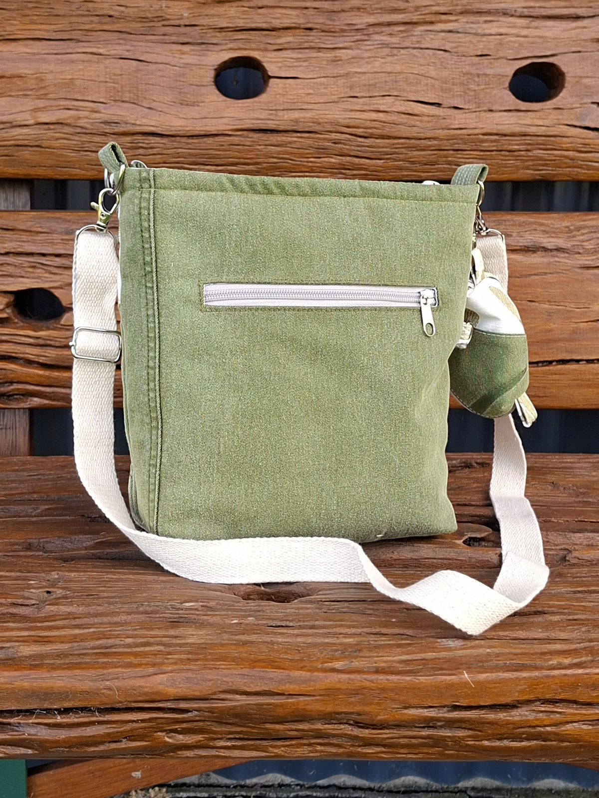 Upcycled Sage Green and Linen, Gender Neutral Crossbody Bag & Matching Coin Purse
