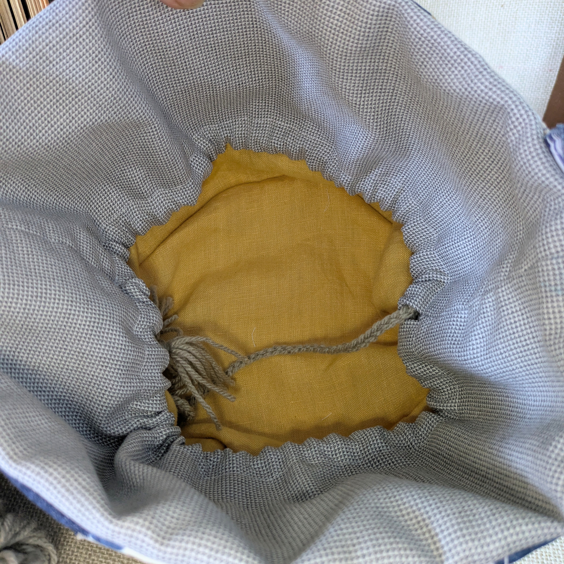 Project Bag Upcycled Denim, Craft Storage, Large, Yellow & Navy