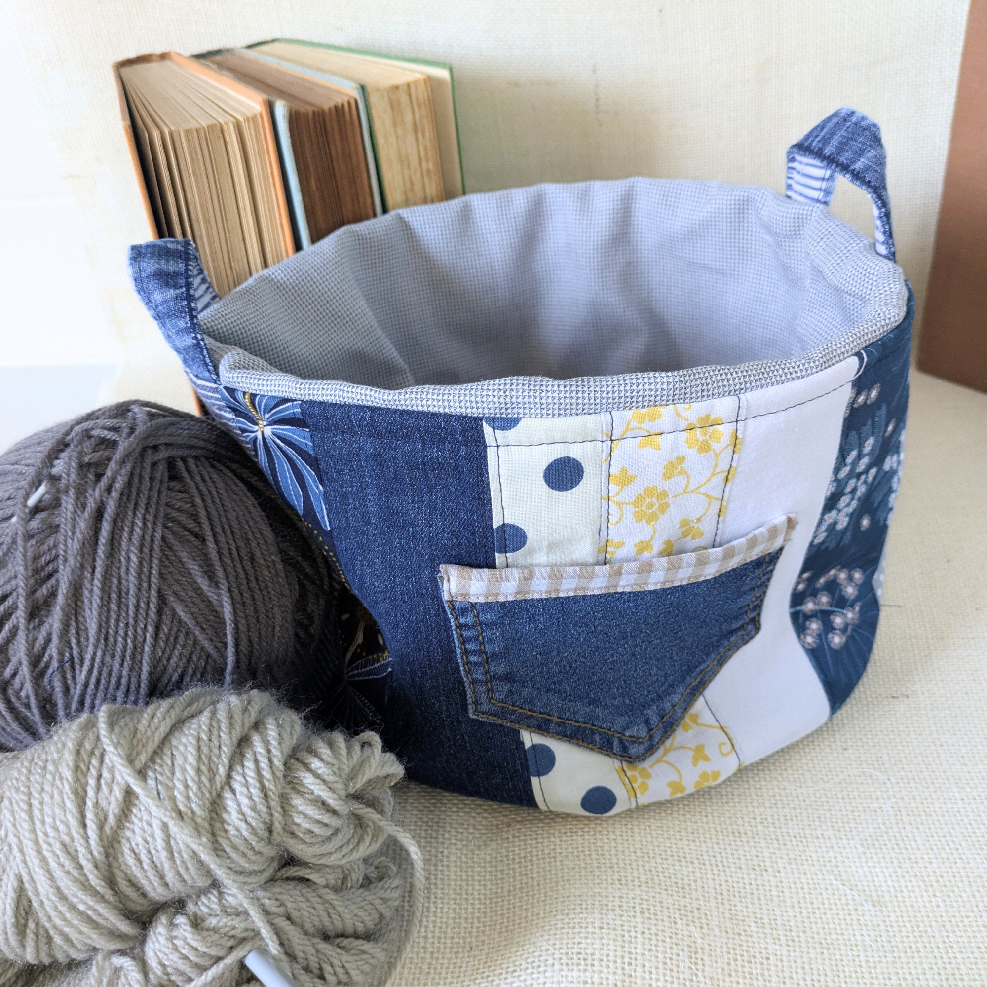 Project Bag Upcycled Denim, Craft Storage, Large, Yellow
