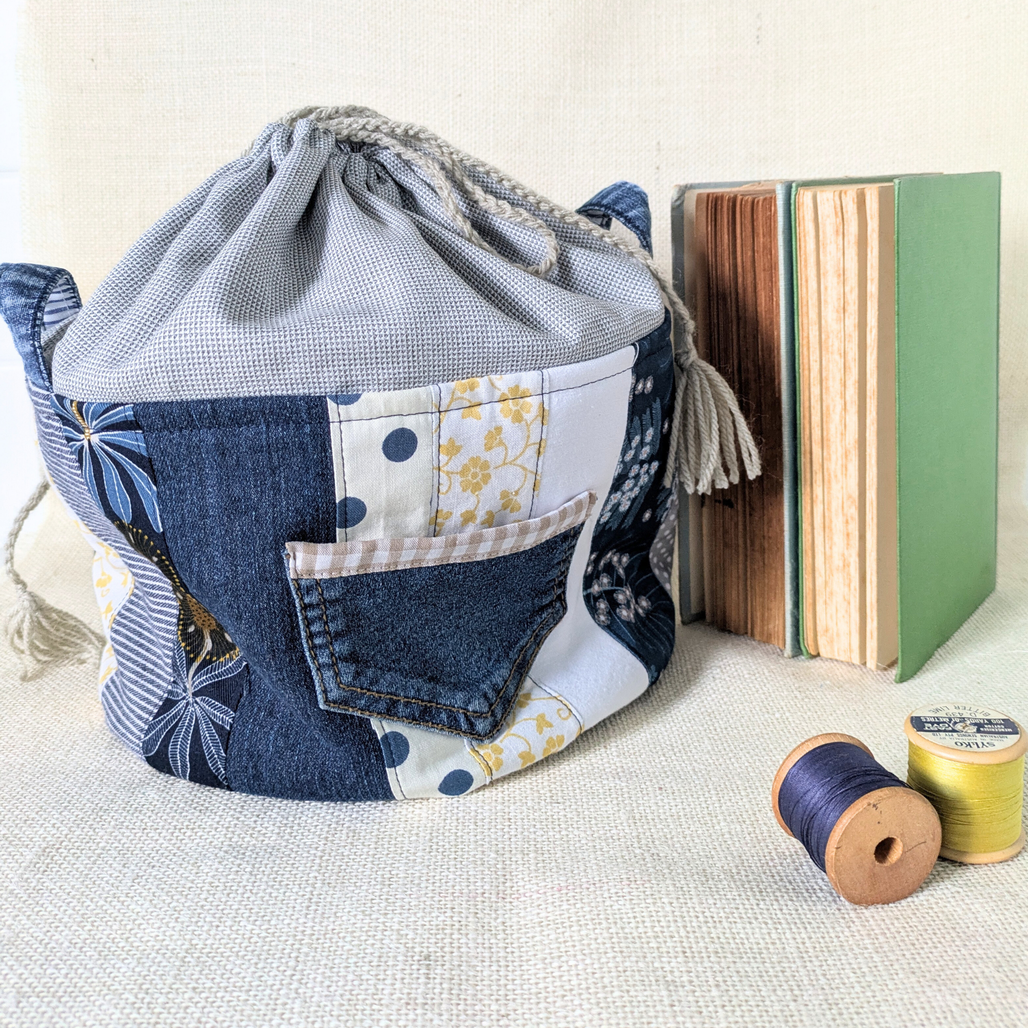 Project Bag Upcycled Denim, Craft Storage, Large, Yellow
