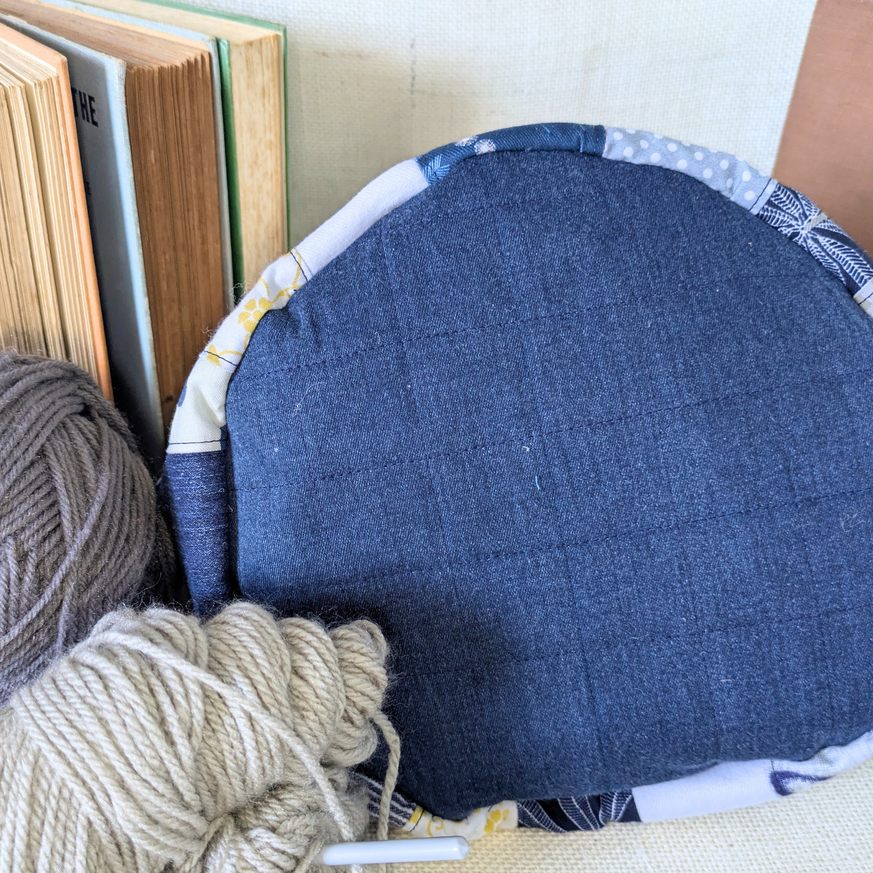 Project Bag Upcycled Denim, Craft Storage, Large, Yellow & Navy