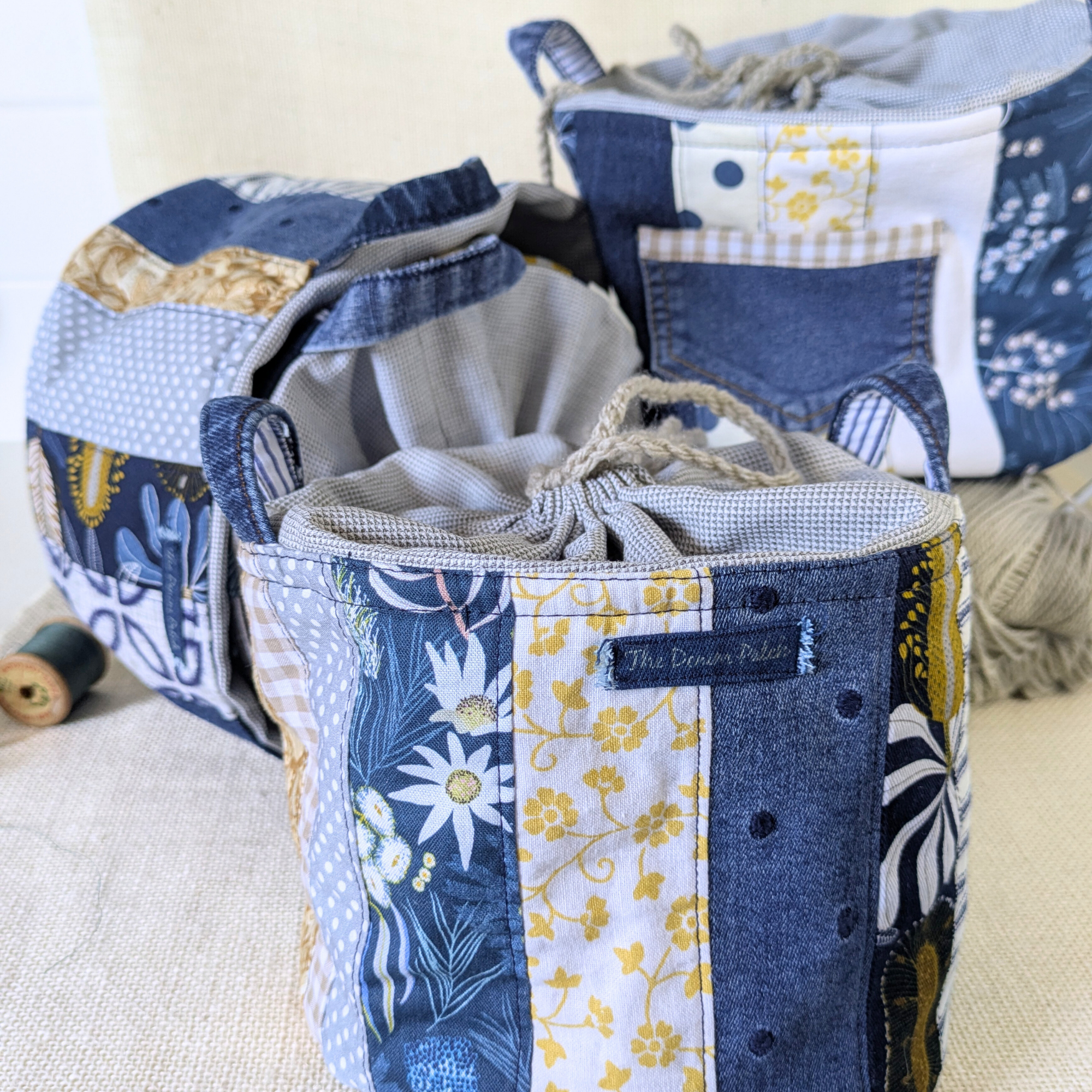 Project Bag Upcycled Denim, Craft Storage, Navy & Yellow Small