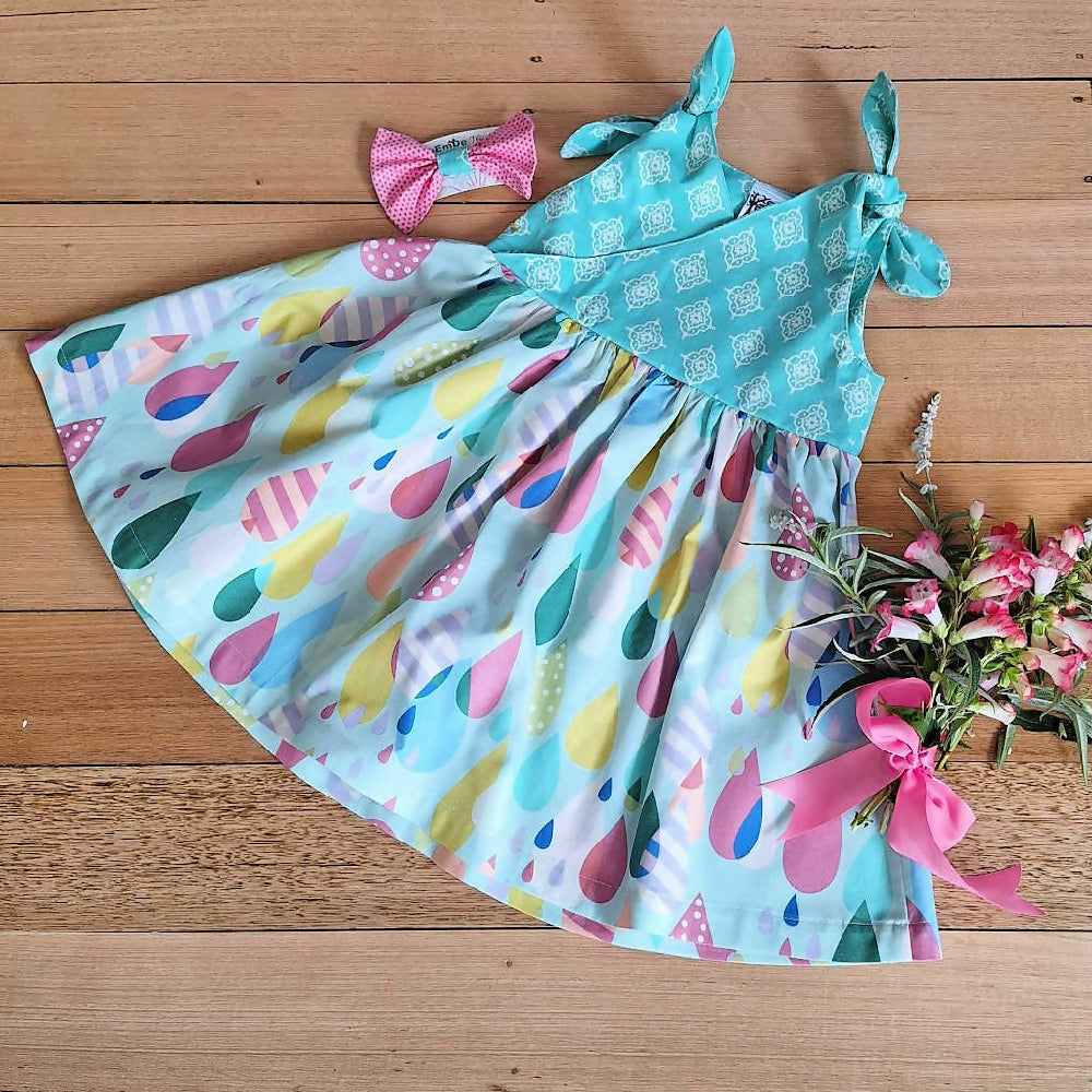 Girls Handmade Raindrop Print Dress | Size 3 Years | Free Hairclip