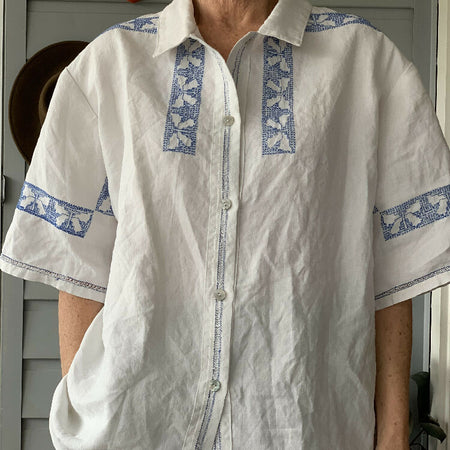 White Linen Embroidered tablecloth shirt/upcycled tablecloth/unisex shirt/Size L