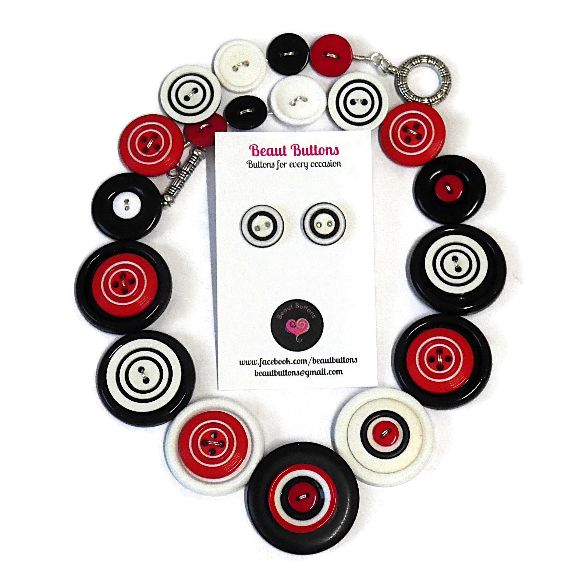 Red White Black Button Necklace and Earrings, Upcycled Jewelry Set