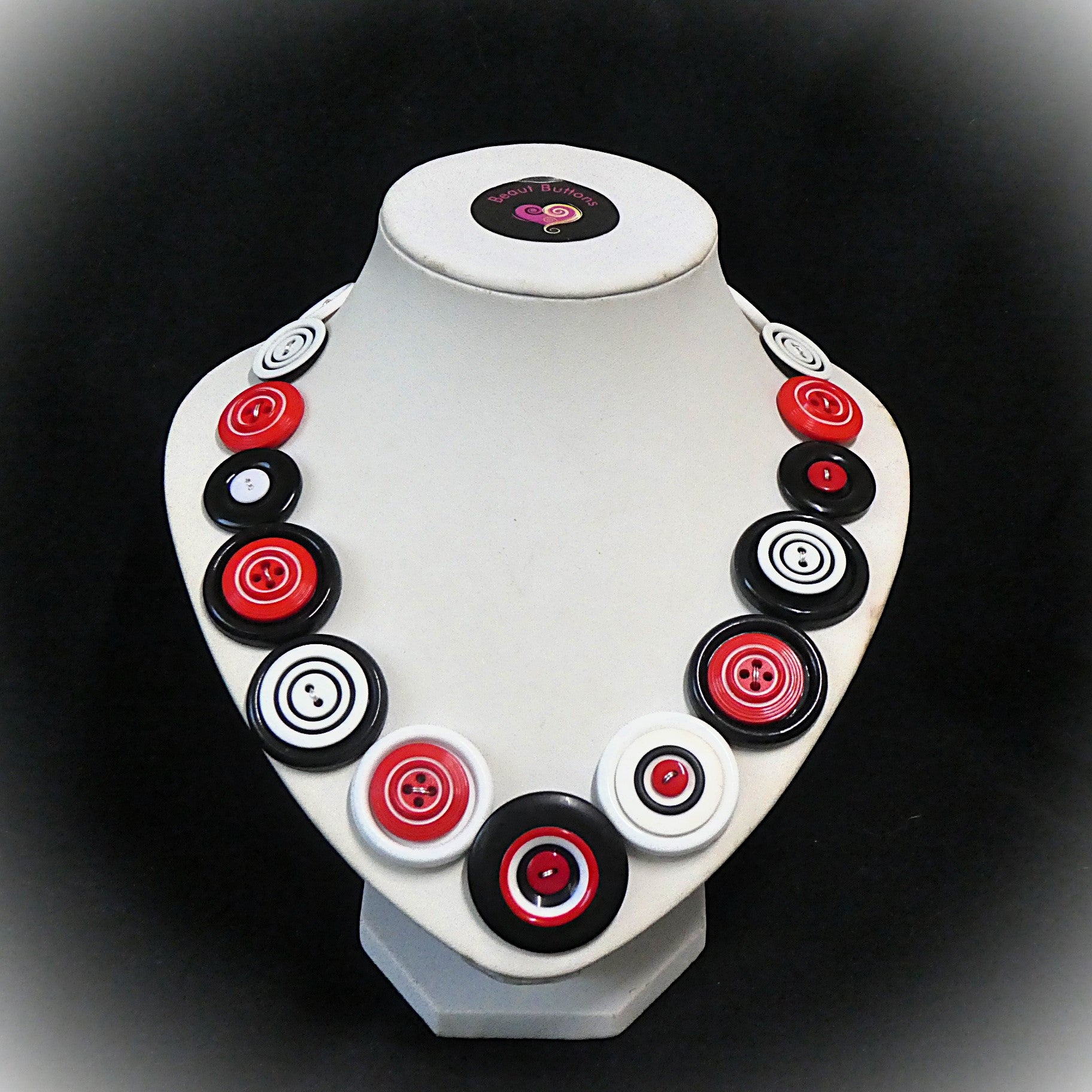 Red White Black Button Necklace and Earrings, Upcycled Jewelry Set