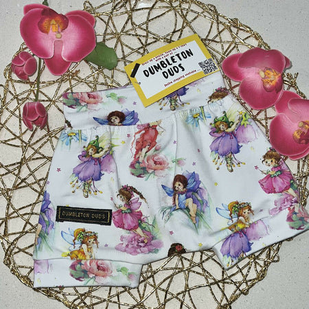 Flower Fairies - Handmade Baby Pants by Dumbleton Duds. Available size 000, 00, 0, and 1.