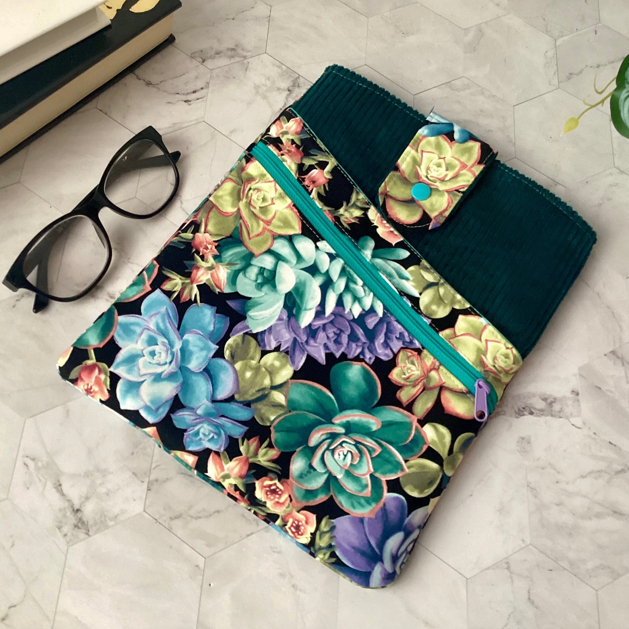 Succulent plants fabric book sleeve with 2 pockets. iPad, tablet pouch
