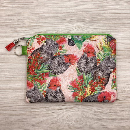 Gang Gang Cockatoos Zip Pouch (21cm x 16cm) Fully lined, lightly padded