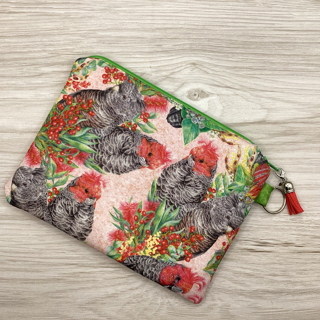 Gang Gang Cockatoos Zip Pouch (21cm x 16cm) Fully lined, lightly padded