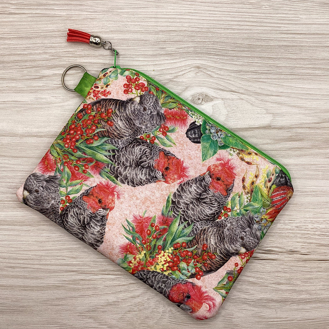 Gang Gang Cockatoos Zip Pouch (21cm x 16cm) Fully lined, lightly padded