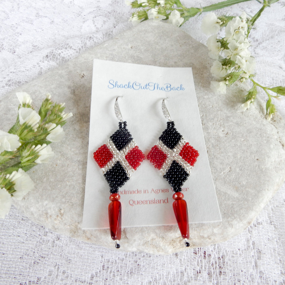 Beaded Earrings in Red & Black
